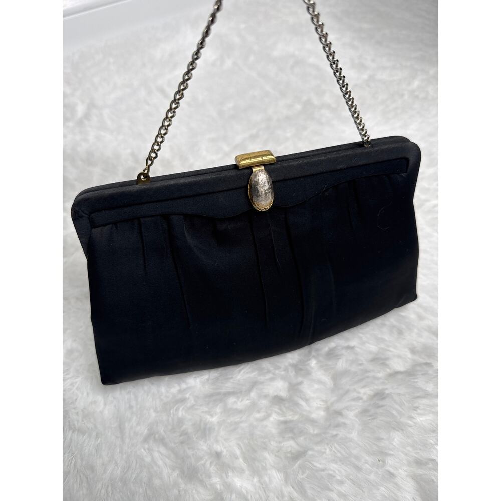 1950s After Five Black Satin Evening Clutch Rhinestone Clasp Coin Purse USA - Picture 10 of 12